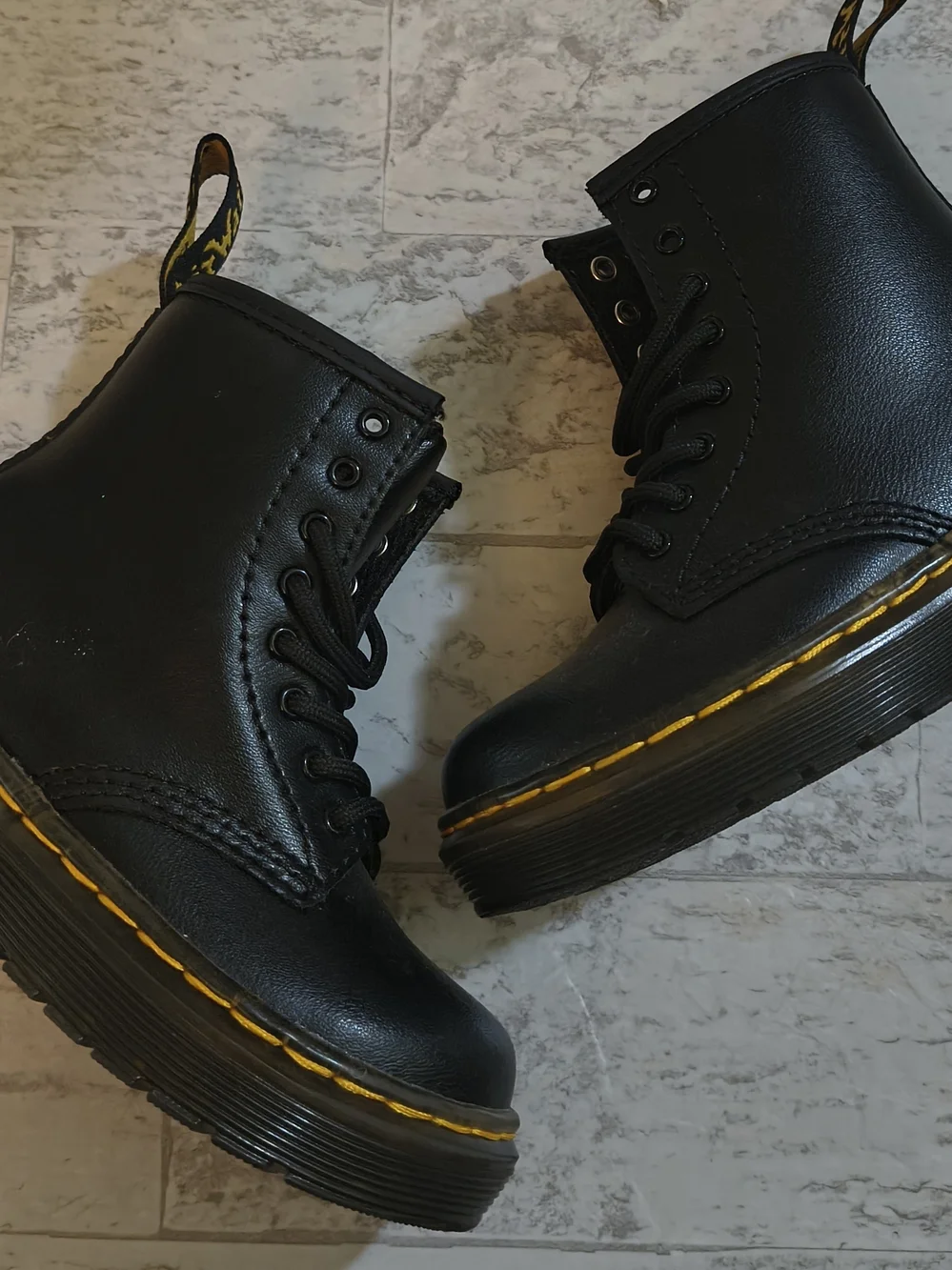 Dr. Martens AirWair toddler size 8 Black Lace-Up Leather Boots /Yellow Stitching